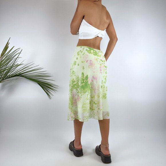 Vintage Y2K Fairycore Pastel Green Cottagecore Floral Midi Skirt / Size: Large - Picture 2 of 6